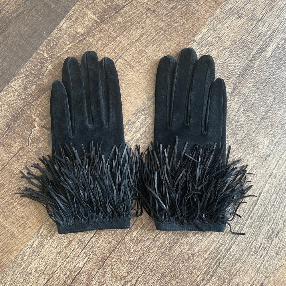 H&M Real Suede Leather Black Fringe Detail Gloves